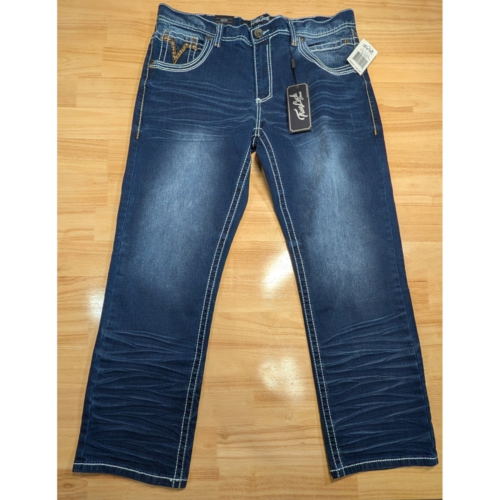True Luck‎ Mens Bootcut Jeans 34x30 Dark Wash Contrast Thick Stitch TL17150055